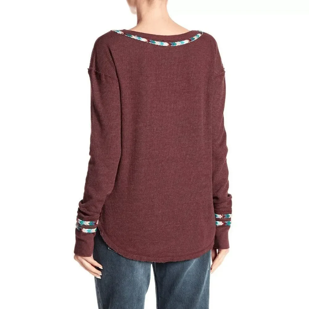 Free People Rainbow Thermal Wine Maroon Long Sleeve Boho Small